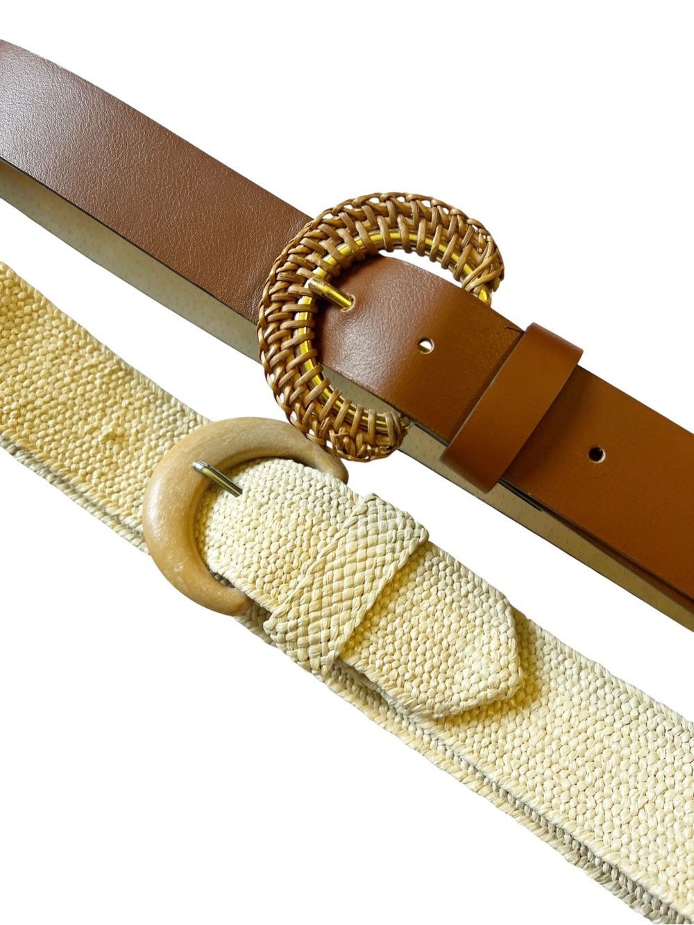 Set of Two Tan Leather and Natural Woven Belts